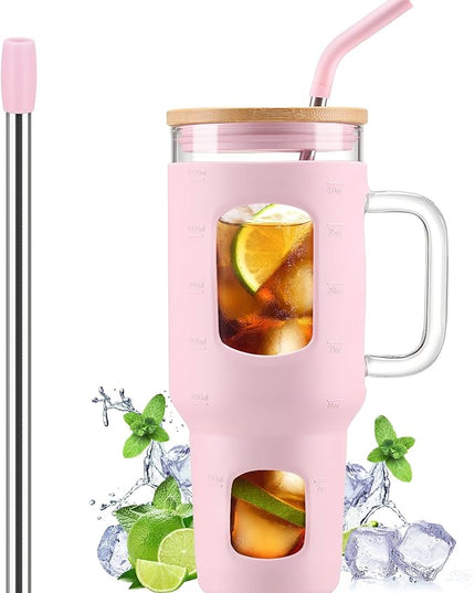 Glass Tumbler with Straw and Lid, 40 oz glass cup with handle, Glass Water Bottles with Time Marker, Silicone Protective Sleeve-Pink