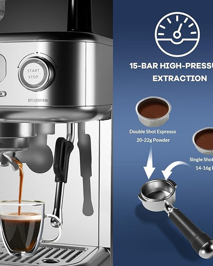 IDEALHOUSE Espresso Maker with Grinder,Milk Frother, 15 Bar Pump, 15 Grind Settings, Digital Display, High Power Milk Frother, Digital LCD Screen, Stainless Steel Coffee Maker for Home and Office