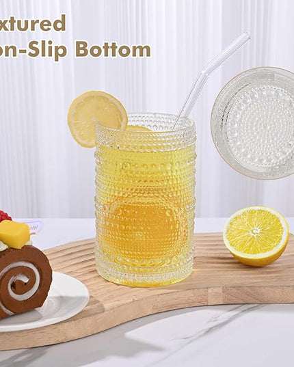 Vintage Hobnail Drinking Glasses Set of 8,Clear 12 oz & 15oz Highball Glass Cups, Kitchen Drinkware Glassware,Embossed Water Tumbler,for Beer,Cocktail,Whiskey,Juice and Various Mixed Drinks