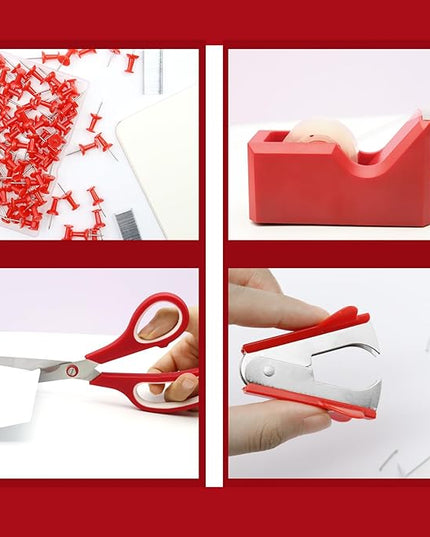 Red Office Supplies,UPIHO Red Desk Accessories,Stapler and Tape Dispenser Set for Women with Stapler,Tape Dispenser,Staple Remover,Staples,Push Pins,Scissor and Pocket Notebook,Gift for Office Clerks