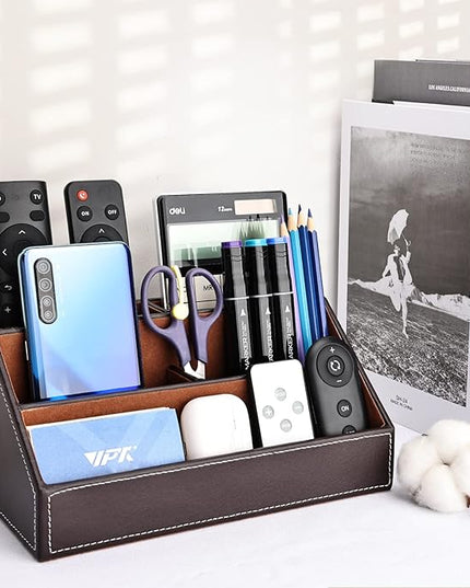 KINGFOM Pu Leather Desk Organizer with 5 Compartments Holder, Multi-Functional Office Supplies Storage Caddy for Pen/Pencil, Phones, Remote Controller and Desktop Accessorie Brown