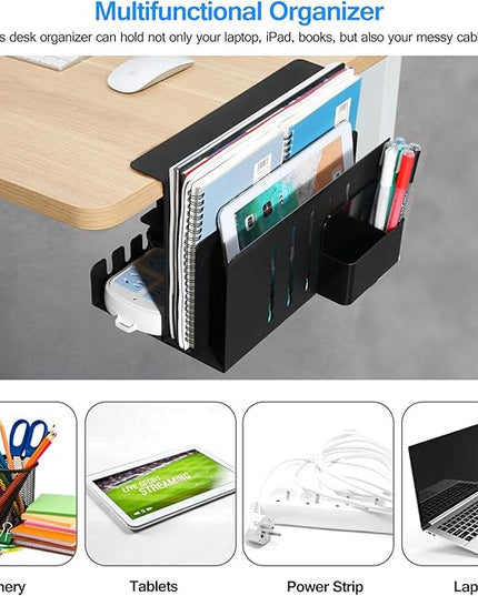 MAXECHO Desk Side Storage, Under Desk Laptop Mount, Table Side Hanging File Organizer, No Drill Clamp On Cable Management Tray, Laptop Holder with Magnetic Pen Holder for Office and Home, Load 22 Lbs