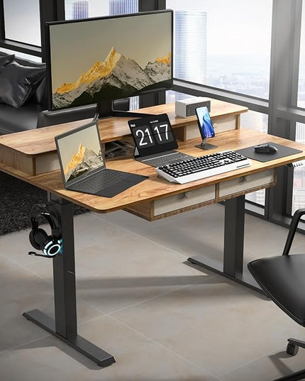 48 * 30 Inches Electric Standing Widened Desk Adjustable Height with 4 Drawers, Double Storage Shelves Stand Up Desk, Home Office Workstation Sit Stand up Desk (Light Rustic Brown)