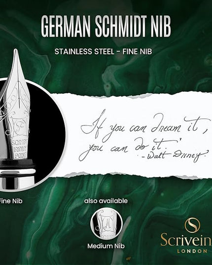 Scriveiner British Racing Green Fountain Pen - Stunning Luxury Pen with Chrome Finish, Schmidt Nib (Fine), Best Pen Gift Set for Men & Women, Professional, Executive, Office, Nice Pens