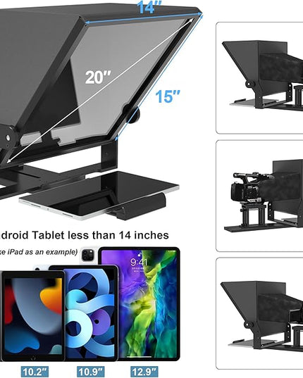 20-Inch HD Wide-Angle Teleprompter, Manually Adjustable Height, Compatible with Multiple Devices, Includes Remote Control & Free Teleprompter App