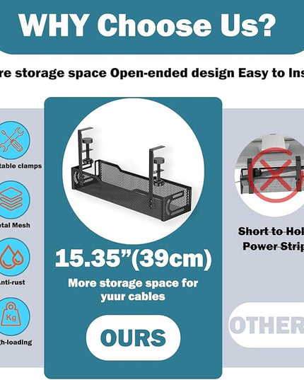 Under Desk Cable Management Tray, No Drill Mesh Desk Cable Tray, Wire Management Tray Cable Management Rack, Wire Organizer and Cable Management Box (Black)