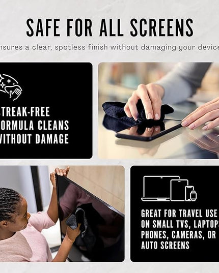 Delete Screen Cleaner Spray Kit, 4 Pack, 2oz Bottle and 12"x12" Microfiber Cleaning Cloth, Streak-Free, Safe and Gentle Formula, Multi-Purpose for Travel, Small TVs, Cameras, Laptops, Phones