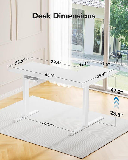 HUANUO 63x40 inch Dual Motor L Shaped Electric Standing Desk with 3 Preset Heights, Electric Height Adjustable Computer Table, 2 Hooks & Cable Tray, Raising Desk for Home Office, White