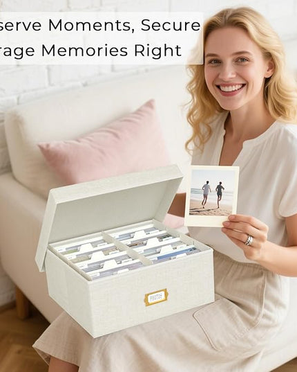 Decorative Photo Storage Box - 2 Pack Linen Photo Box Organizer with Dividers, Fits Holds Up to 1700 Pictures and 4x6 Photos, Memory Keepsake Organizer for Scrapbook Supplies, Cards, Stamps (Beige)
