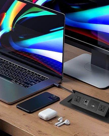 Hidden Pop-Up Outlet with 20W USB C Port Electrical Pop-Up Box Recessed Multimedia Strip Socket with 2 AC Outlets, USB A & USB C Ports with Outlet Network HDMI for The Conference Table (Black-B)