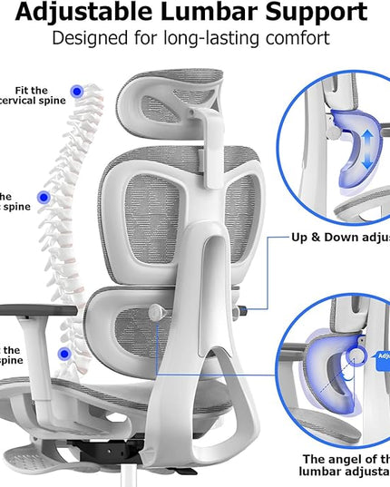 PatioMage Ergonomic Office Chair, Big and Tall Desk Chair with Adjustable Lumbar Support & Seat Depth, High Back Computer Chair, Swivel Mesh Chairs with Wheels for Home Office, White