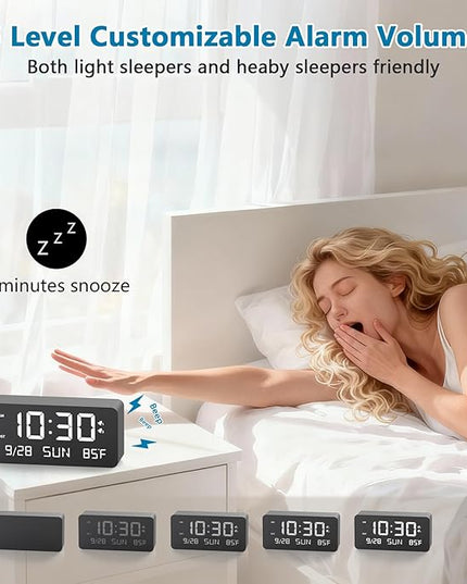 Fomobest Wooden Digital Alarm Clock for Bedroom - Desk Clock with Date, Day of Week, Temperature, Dual Alarms, Dimmer, USB Port Charge, DST, Adjustable Volume for Living Room/Office Wood Decor (Black)