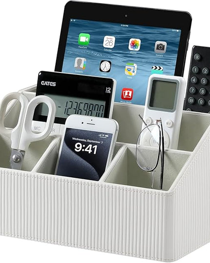 Cretkhp Remote Control Holder with 5 Compartments for Office Art Supplies, PU Leather Nightstand Organizer Pencil Pen Desk Caddy for Home, Desktop TV Remote Control Organizer Storage (Striped Ivory)