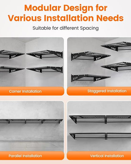 Garage Shelving 2x3ft 4-Pack, Garage Storage Rack 24"x36" Metal Shelves Black Wall Mounted with rods & 6 Hooks, Heavy Duty Wall Shelving Floating Shelves, 1200lbs Total load Capacity