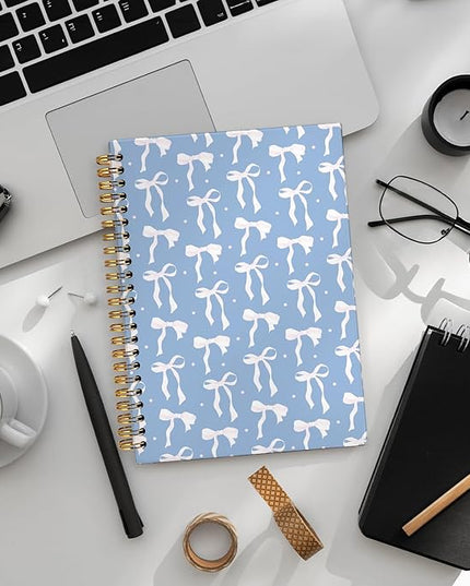 LIANGW Coquette Blue Bow Notebook Journal for Teen Girls & Women, Preppy Cute Journal Gifts for Women, Girly Gifts, Blue Bow Office Supplies, Hardcover Spiral Notebook, 5.5x8.3 Inch