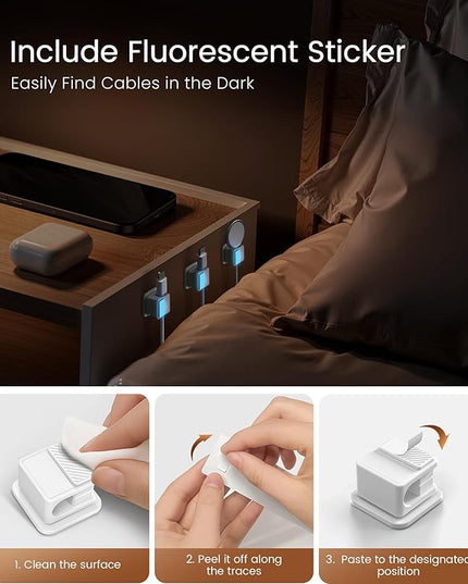 6 Pack Magnetic Cable Clips, Glow in The Dark Cable Holders, GolbinBox Cord Organizer with Shockproof Silicone, Fits up to 8mm Adhesive Cord Clips for Desk, Wall, Nightstand, Car, Home, Office, White