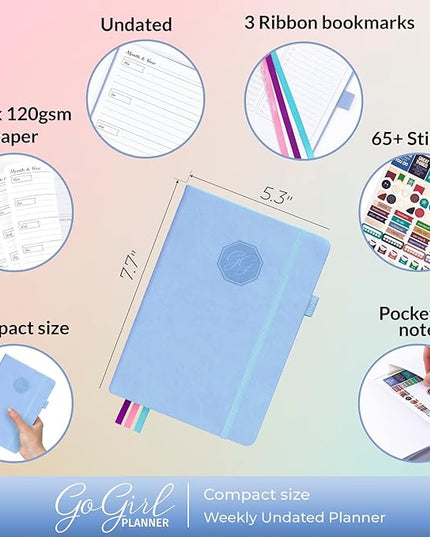 GoGirl Planner and Organizer for Women – Compact Size Weekly Planner, Goals Journal & Agenda to Improve Time Management, Productivity & Live Happier. Undated – Start Anytime, Lasts 1 Year – Light Blue