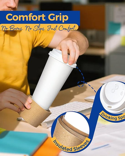 Fit Meal Prep 50 Pack 20 oz Disposable Coffee Cups with Lids, Sleeves, Leak-Proof To Go Coffee Cups with Lids, Durable Hot Paper Cups for Home, Office, Party, Business