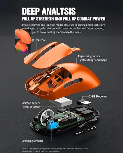 Lightweight Gaming Mouse, RGB Light 3 Mode Connection with 6 Adjustable DPI 800 12000, 7 Customizable Buttons, with Magnetic Charging Base (Orange)