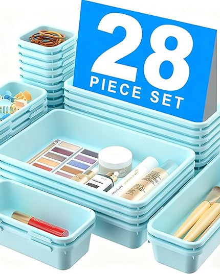 A-LuGei 【𝟮𝟴𝗣𝗖𝗦】 【𝟱𝗦𝗶𝘇𝗲】 BlueGreen Drawer Organizer, Makeup organizer, 【Holds 177 Items】 Bathroom Organizers and Storage, Plastic Desk Organizer Divider, Organizer Bins for Office Vanity