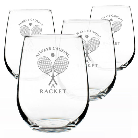 Causing A Racket Stemless Wine Glass for Tennis Gifts - 17 oz - Set of 4
