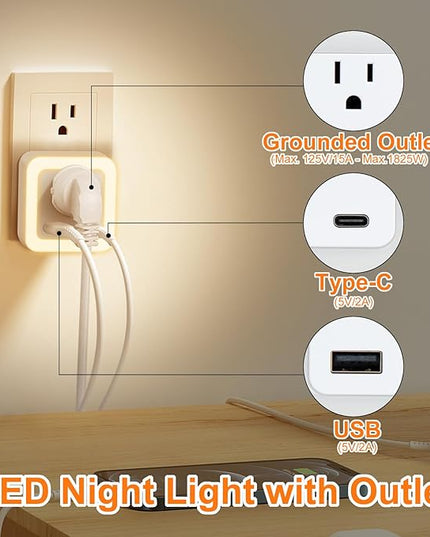 JackonLux Night Lights Plug Into Wall 2 Pack Rechargeable Battery Backup Light Dusk to Dawn Sensor Night Light with Outlet Expander for Adults Kids Bedroom, Kitchen, and Bathroom (Soft White - 3000K)
