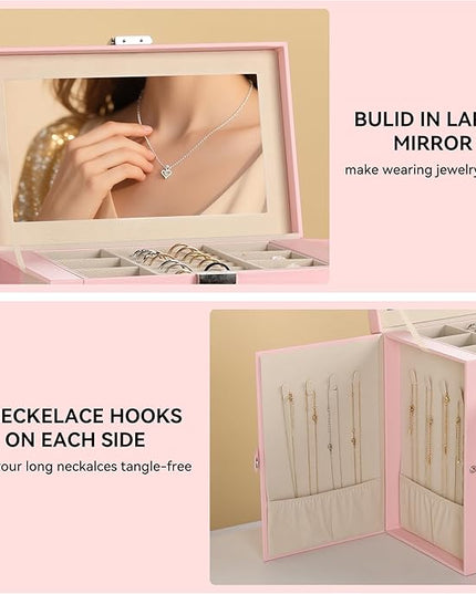 Frebeauty Large Jewelry Box,6-Tier PU Leather Jewelry Organizer,Multi-functional Storage Case with Mirror,Accessories Holder with 5 Drawers for Necklace Bracelets Watches(Pink)
