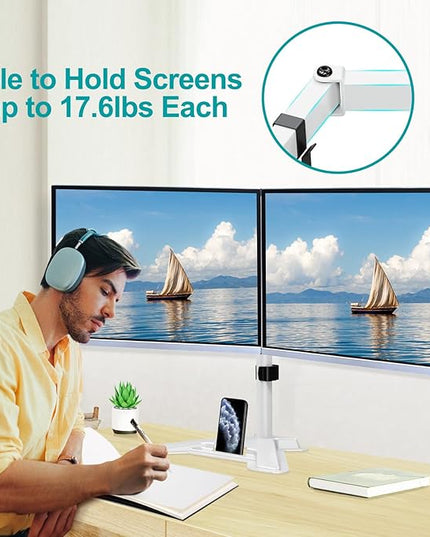 MOUNT PRO Dual Monitor Stand, Free-Standing Full Motion Monitor Desk Mount Fits 2 Screens up to 27 inches,17.6lbs with Height Adjustable, Swivel, Tilt, Rotation, VESA 75x75 100x100,White