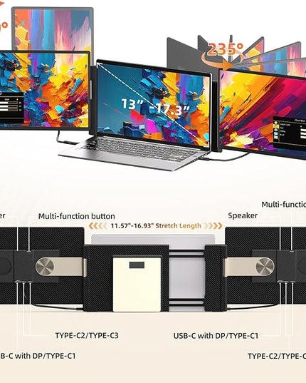 Laptop Screen Extender 2.5K Monitor - 16" Triple Portable Monitor 2560x1600P QHD 100% sRGB IPS 235° Rotation Detachable Screen Design Extra Compatible with Mac Wins Dex Chrome Fits 13"-17" Laptops