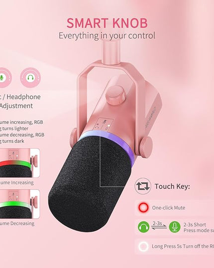 FEELWORLD PM1 XLR USB Dynamic Microphone Gifts for Podcast Recording PC Computer Gaming Live Streaming Vocal Voice-Over, Studio Metal Mic with RGB Light, Mute Button, Headphones Jack (Pink)