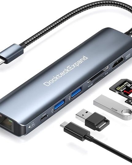 USB C Hub Ethernet, DockteckExpand 7-in-1 Multiport Adapter Type C to 4K@60Hz HDMI, Gigabit Ethernet, 100W PD Charging, 2 USB 3.0, SD/TF Card Readers, for MacBook Pro/Air, iPad Pro/Air, XPS and More