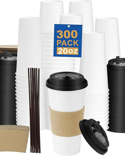 Coolcap 20 oz 300 Pack Coffee Cups with Lids and Sleeves, Straws, Hot Disposable To Go Travel Paper Cups Bulk for Office, Home Coffee Bar Accessories, Chocolate, Cocoa, Beverage (White)