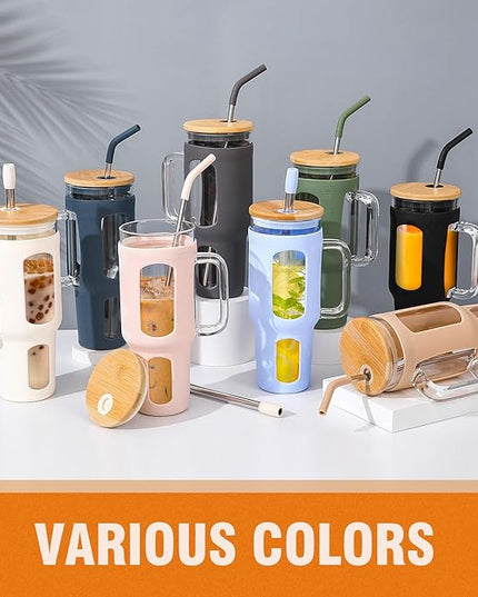 Glass Tumbler with Lid and Straw, 46 oz Iced Coffee Cup with Handle, Large Water Bottles with Silicone Sleeve, Glass Cup with Straws - Pearl Straw & Drinking Straw BPA Free-Grey
