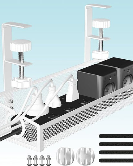 Under Desk Cable Management Tray White, No Drill Desk Cable Management Organizer with Clamp for Desk Wire Management, PC Cord Organizer Accessories & Workspace Organizers for Office, Home