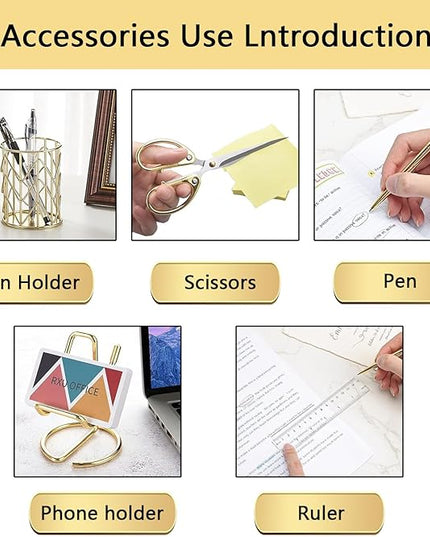 suniya Office Supplies,Desk Accessories,with Stapler,Tape Dispenser,Pen Holder Cup for Desk,Staple Remover,Scissor,Ballpoint Pen,Clear Tape, Staples,Phone Stand,Ruler,Binder,Best Gift Set(Gold)
