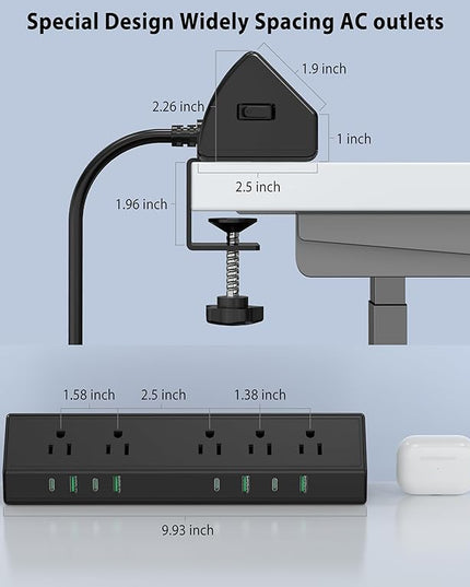 45W Fast Charging Station,Desk Clamp Power Strip,4 PD USB-C Ports,5 AC Outlets,Surge Protector Power Strip, 14AWG Heavy Duty Cord, Fits 1.9" Tabletop Edge (Black, 20 FT Cable)