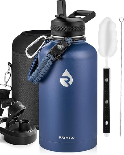Insulated Water Bottle 64 oz, Triple Wall Vacuum Stainless Steel (Cold for 48 Hrs), Leak Proof & Non-BPA, Half Gallon Water Flask Jug with Paracord Handle & Straw Spout Lids, Navy Blue