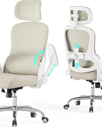 Office Chair - Ergonomic Desk Chair with Adjustable Headrest Lumbar Support Computer Chair - Mesh Comfy Chairs with Flip-up Armrests - Big and Tall Gaming Chairs for Adults Home Office(Beige)