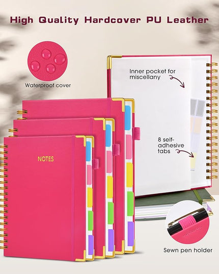 Hardcover Spiral Notebook journal with Removable Dividers Tabs, 300 Pages Leather 5 Subject Notebook College Ruled, 100GMS A5 Notebooks for Work School Note taking,Lined Journal for Women,A5-Rose