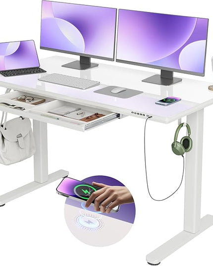 INNOVAR Wireless Charging Glass Standing Desk with Drawers, Adjustable Height Stand Up Desk, Electric Standing Desk with Storage, 55 inch, Super White