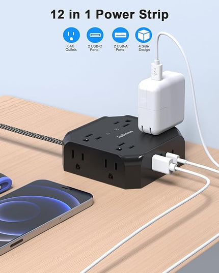 Surge Protector Power Strip-15 Ft Flat Plug Extension Cord with 8 Widely Outlets and 4 USB Ports(2 USB C) Multi Plug Outlet Extender for Office, School, Travel and Dorm Room Essentials-Black