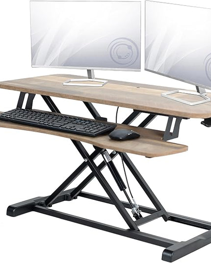 VIVO 36 inch Desk Converter, K Series, Height Adjustable Sit to Stand Riser, Dual Monitor and Laptop Workstation with Wide Keyboard Tray, Reclaimed Wood Top, Black Frame, DESK-V036KP