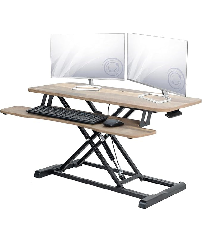 VIVO 36 inch Desk Converter, K Series, Height Adjustable Sit to Stand Riser, Dual Monitor and Laptop Workstation with Wide Keyboard Tray, Reclaimed Wood Top, Black Frame, DESK-V036KP