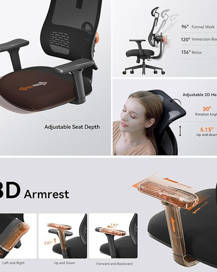 Newtral Ergonomic Office Chair with Adaptive Lumbar Support- High Back Desk Chair with Adjustable Headrest, 3D Armrest, Adjustable Seat Depth & Height, Home Office