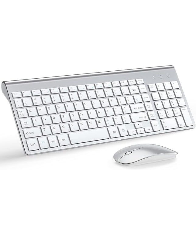 Wireless Keyboard and Mouse Ultra Slim Combo, TopMate 2.4G Silent Compact USB 2400DPI Mouse and Scissor Switch Keyboard Set with Cover, Batteries Included, for PC/Laptop/Windows/Mac - Silver White