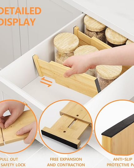 BAMEOS 4" High Bamboo Drawer Dividers - Adjustable Small Drawer Organizer - Kitchen, Dresser, Bathroom, Bedroom & Office - 4-pack