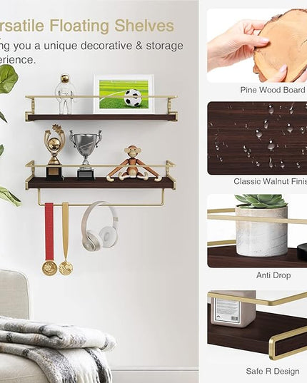 Floating Shelves Bathroom Shelves Over Toilet Set of 2, Bathroom Wall Shelves with Towel Bar, Wall Mounted Vanity Shelf for Bedroom, Kids Room, Kitchen (Brown & Gold)