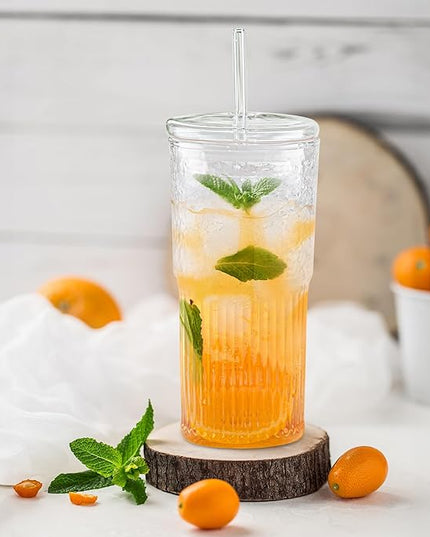 Joeyan 22 oz Glass Tumbler with Straw and Lid for Iced Tea Coffee Smoothie Water Juice Beverages Soda,Clear Borosilicate Glasses Cups,Ribbed Drinking Jar,Set of 2,Dishwasher Safe