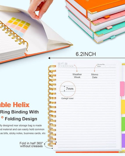 Hardcover Spiral Notebook 6.2"x 8.2" Journal Notebook with Tabs and Removable Dividers 300 Pages 5 Subject Notebook College Ruled, Faux Leather Spiral Bound Notebook for Women School Work(Orange)