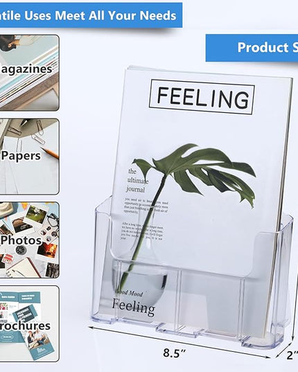 Argvey Acrylic Brochure Holder 8.5 x 11 inches, 4 Pack Clear Brochure Display Stand with Removable Divider for Trifold 4 Inches Wide Pamphlet, Plastic Flyer Holder for Magazine, Literature, Booklet